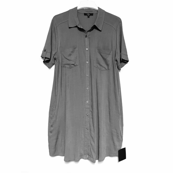 Lulus Oxford Comma Shirt Dress Womens XL Olive Gray Stretch Lagenlook Minimalist - Picture 2 of 12